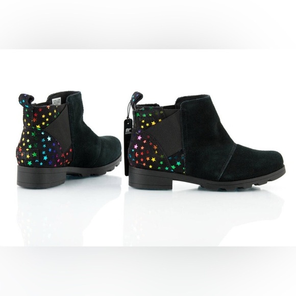 Sorel Youth Emelie Chelsea Booties Girl's Black Suede Rainbow Stars - Picture 1 of 10